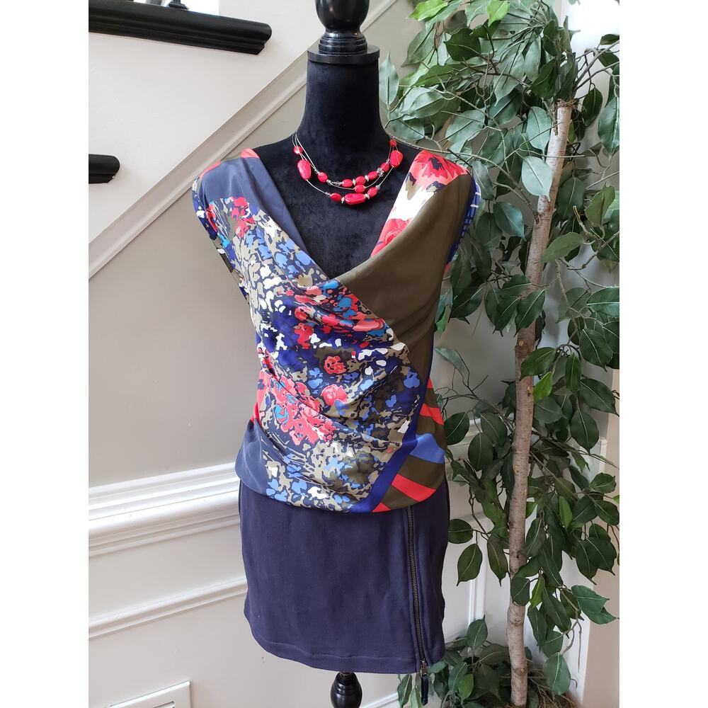 Dept Sheath Dress Womens Medium Multicolor Floral Sleeveless Cowl Neck Side Zip